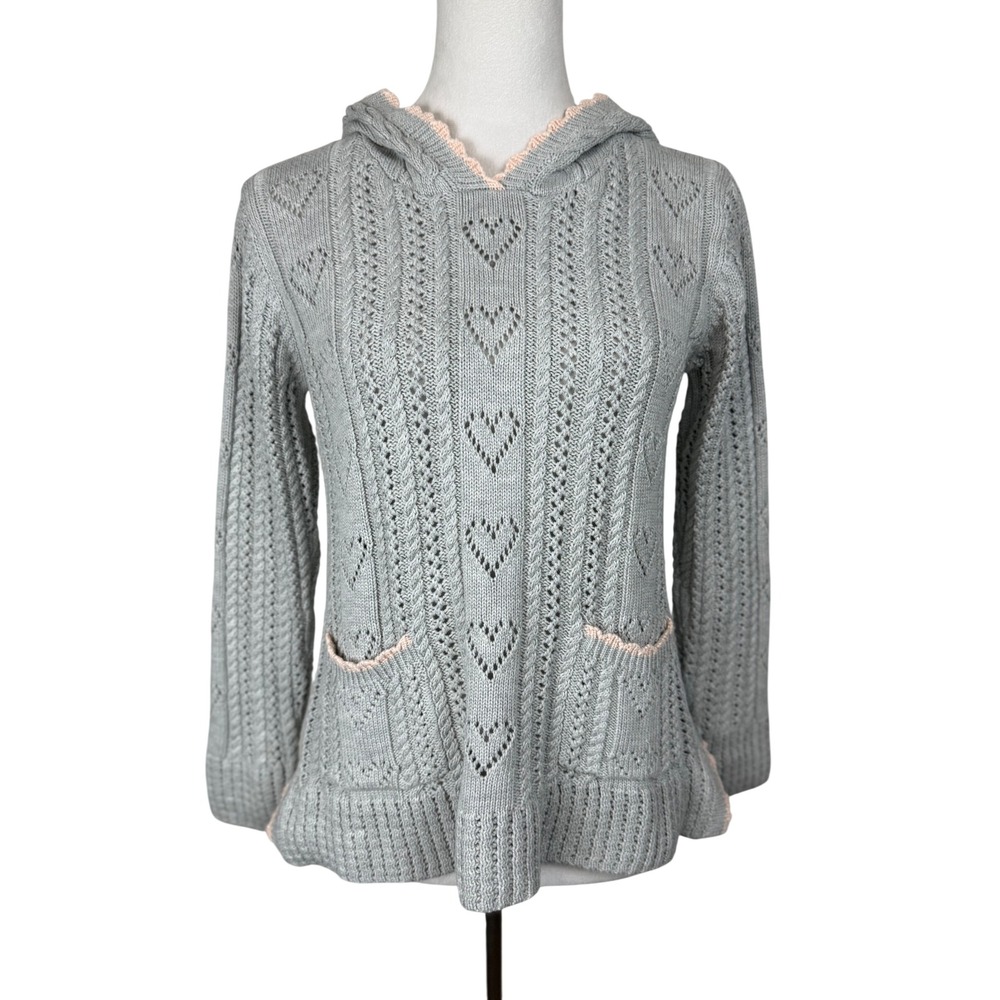 Secret Honey Women Cotton Blend Sweater S/M Grey Heart Pointelle Crochet Hoodie